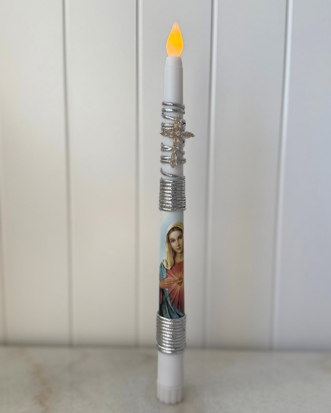 Flameless Taper Candle - Mother Mary Silver