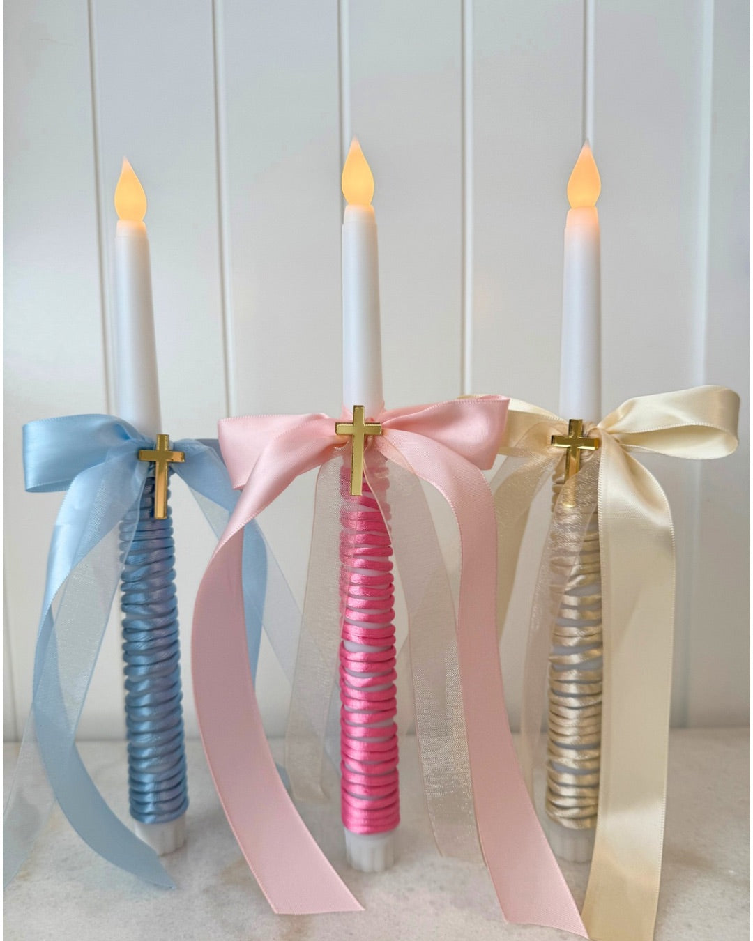 Flameless Easter Candles - Original Bows - Blue, Gold & Pink