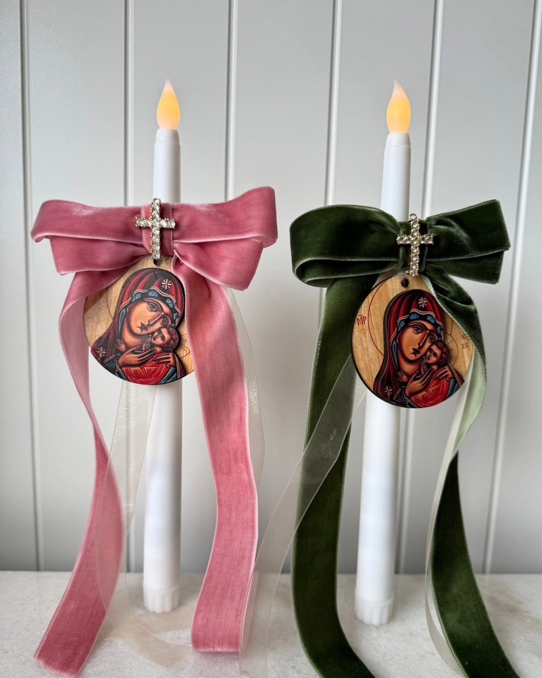 Flameless Taper Candle - Pink & Green Panagia