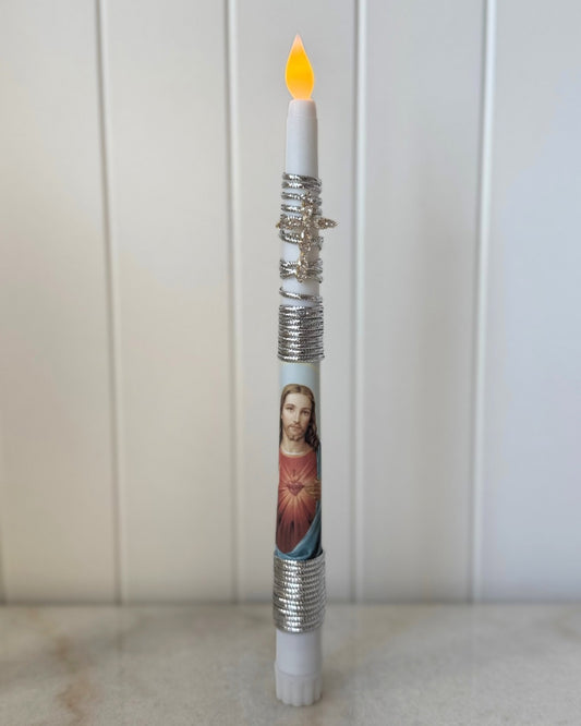 Flameless Taper Candle - Jesus Silver