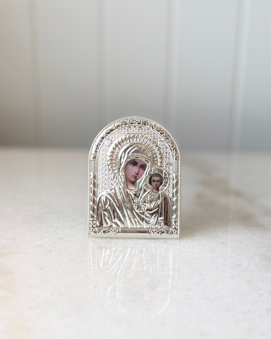 Orthodox Icon of Mother Mary & Jesus - Small Silver