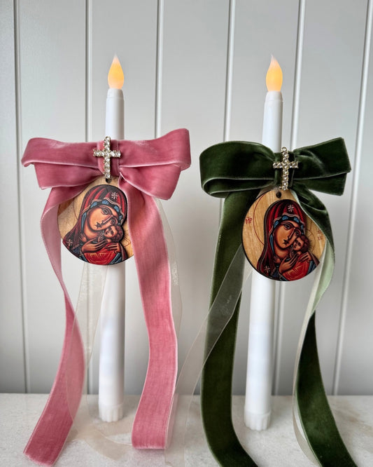 Flameless Taper Candle - Pink & Green Panagia