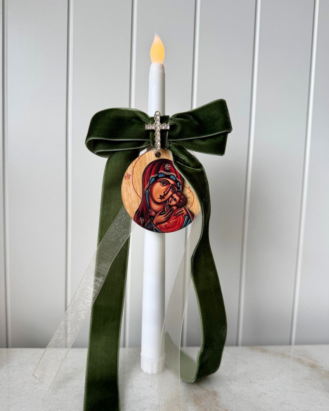 Flameless Taper Candle - Pink & Green Panagia